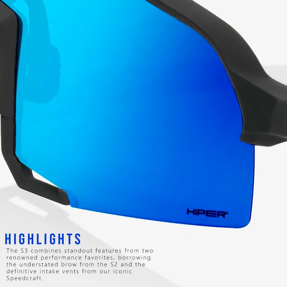 100% S3 Sunglasses Matte Black HiPER Blue Lens