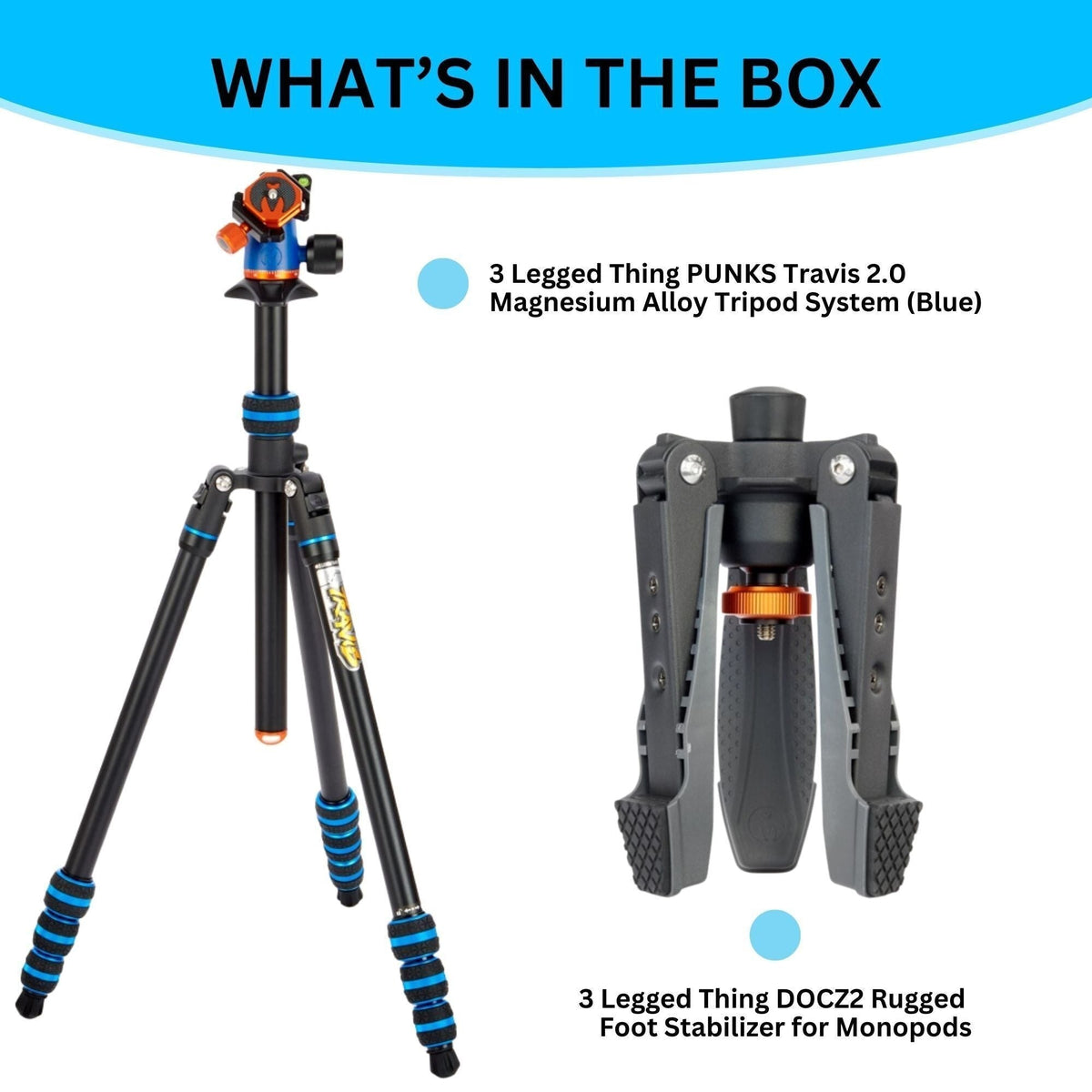 3 Legged Thing PUNKS Travis 2.0 Magnesium Alloy Tripod System (Blue) with Rugged Foot Stabilizer