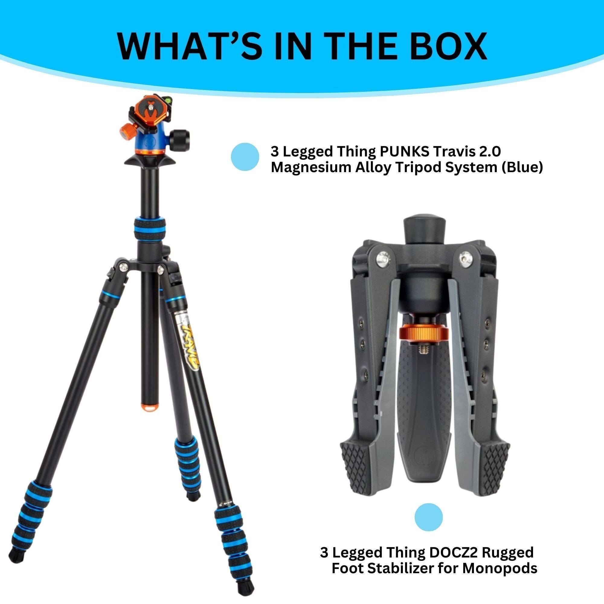 3 Legged Thing PUNKS Travis 2.0 Magnesium Alloy Tripod System (Blue) with Rugged Foot Stabilizer