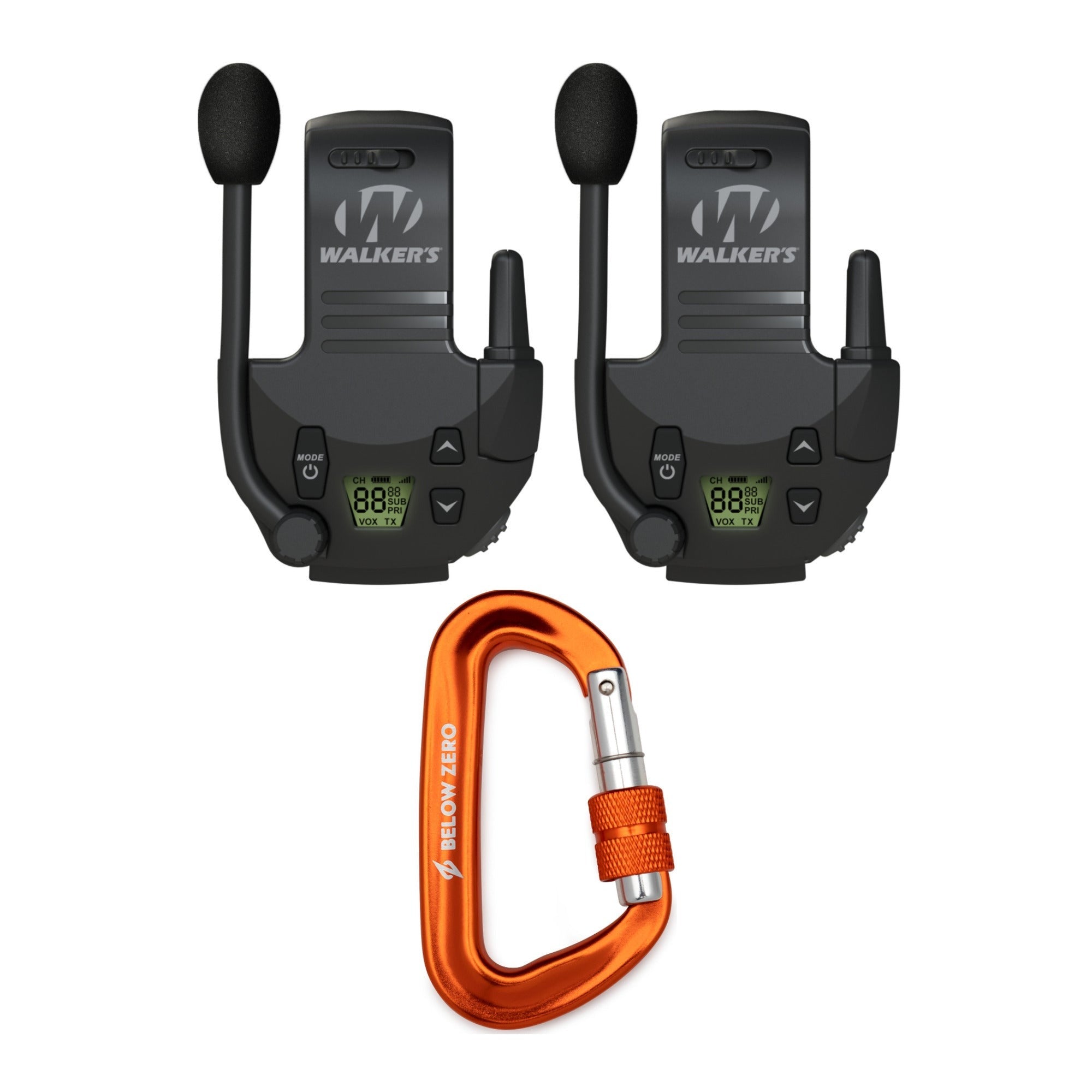 Walkers Tactical Walkie Talkies, works with Razor Muffs (2Pack) with Carabiners