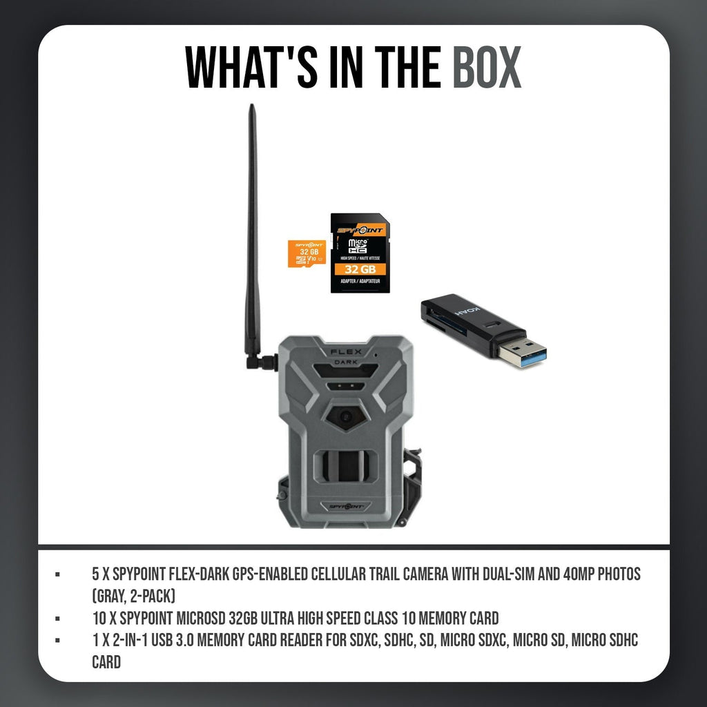 Spypoint Flex Dark GPS Cellular Trail Camera (10 Pack) with Accessories Bundle