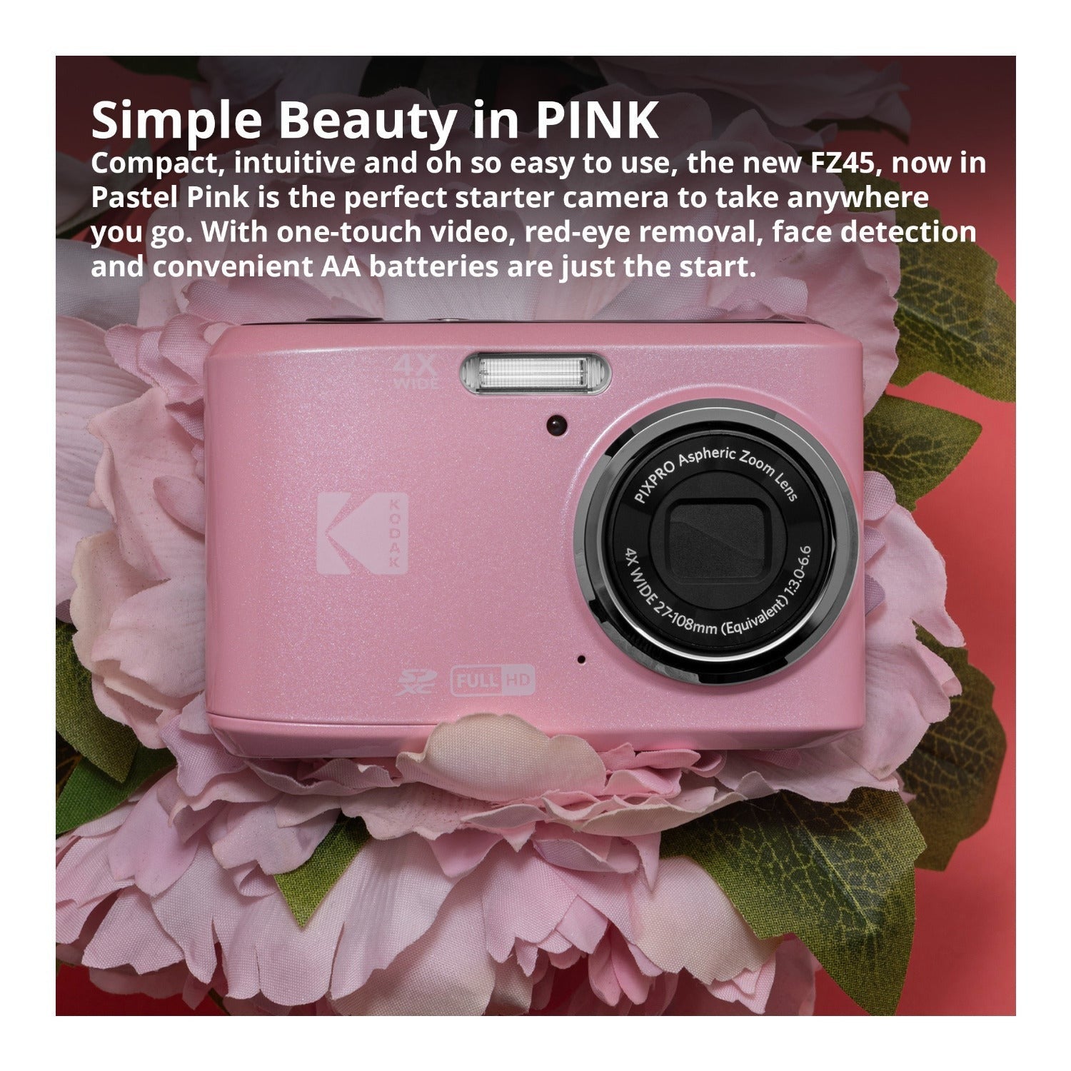 Kodak PixPro FZ45 Friendly Zoom Digital Camera (Pastel Pink) & 32GB Card Bundle