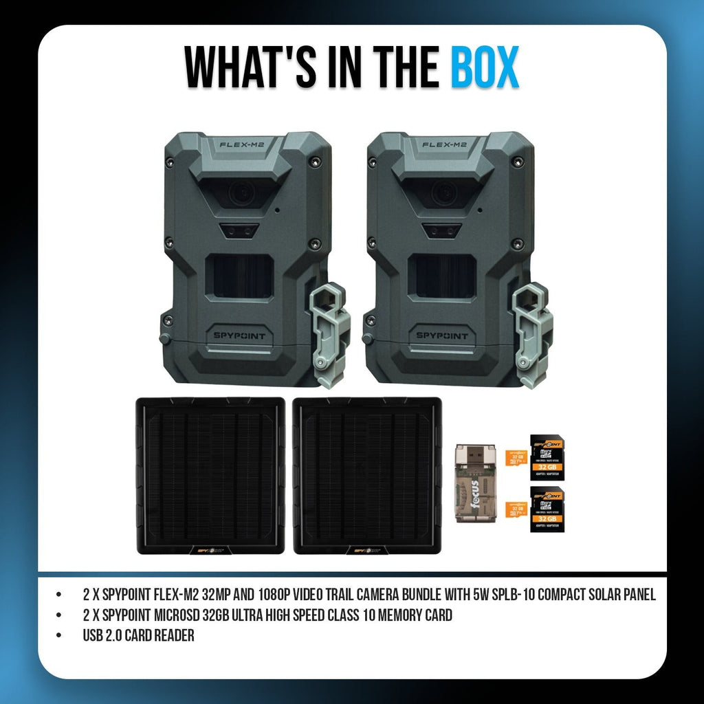 Spypoint FLEX-M2 32MP Trail Camera (2-Pack) with Solar Panel, Memory Card and Card Reader Bundle