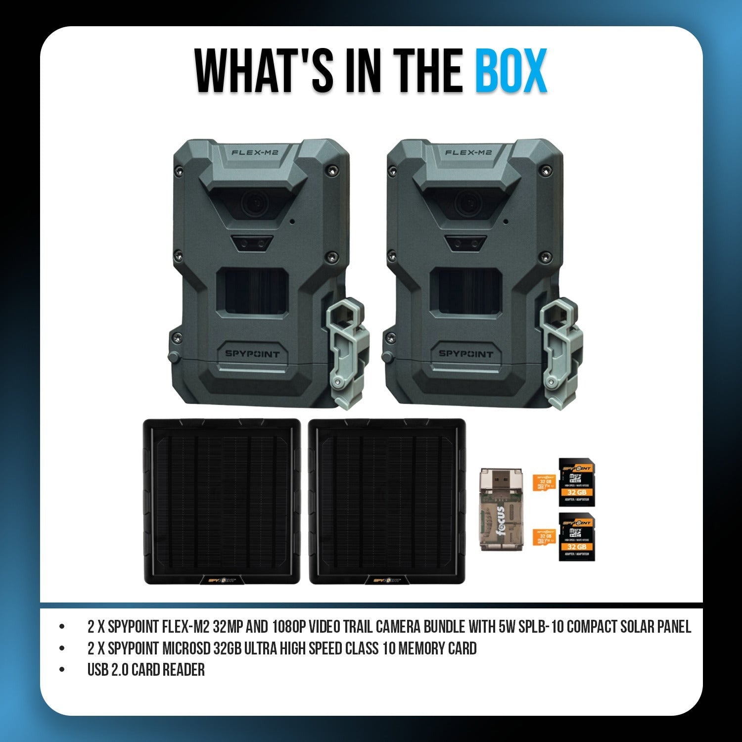 Spypoint FLEX-M2 32MP Trail Camera (2-Pack) with Solar Panel, Memory Card and Card Reader Bundle