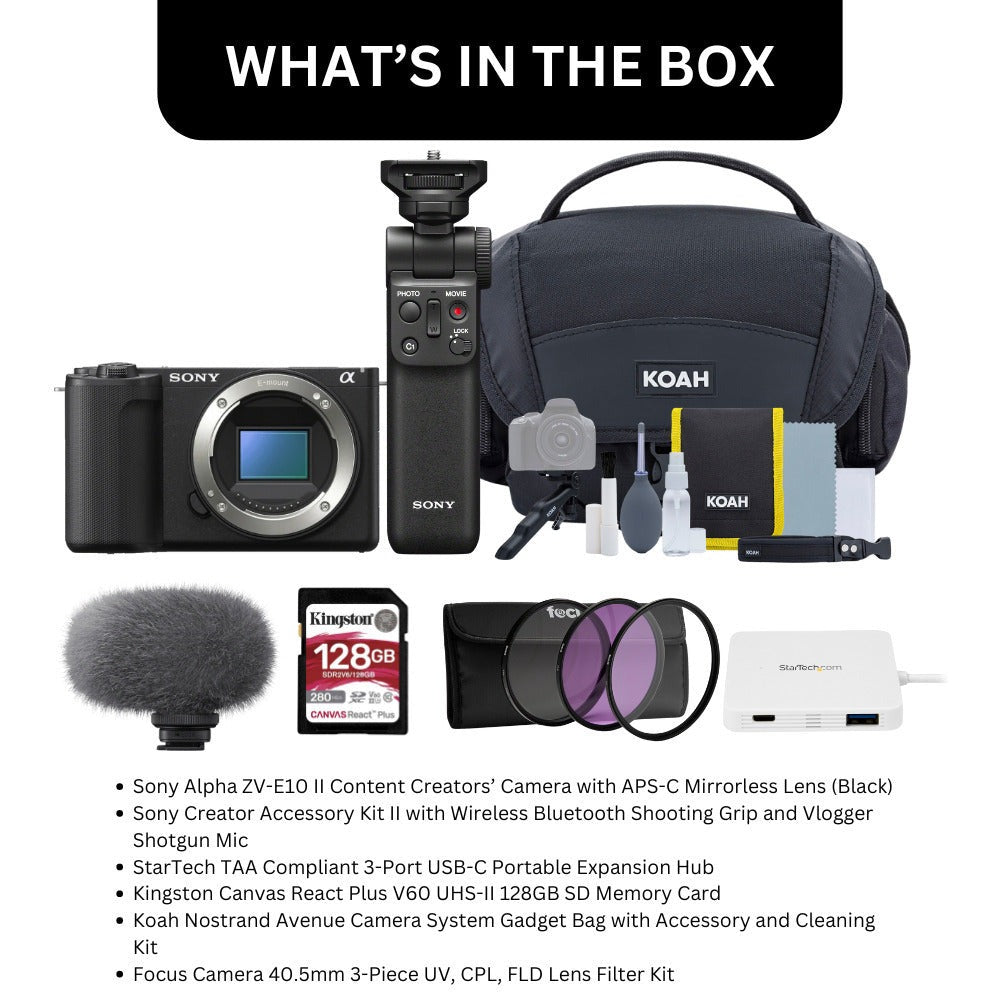 Sony Alpha ZVE10 II | APS-C Interchangeable Lens Mirrorless with 16-50mm Lens Kit | Designed for Content Creators | Black with Sony Creator Accessory Kit II bundle