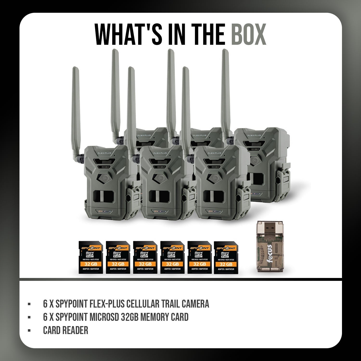 Spypoint FLEX-PLUS Cellular Trail Camera with Memory Card (6-Pack) and Reader