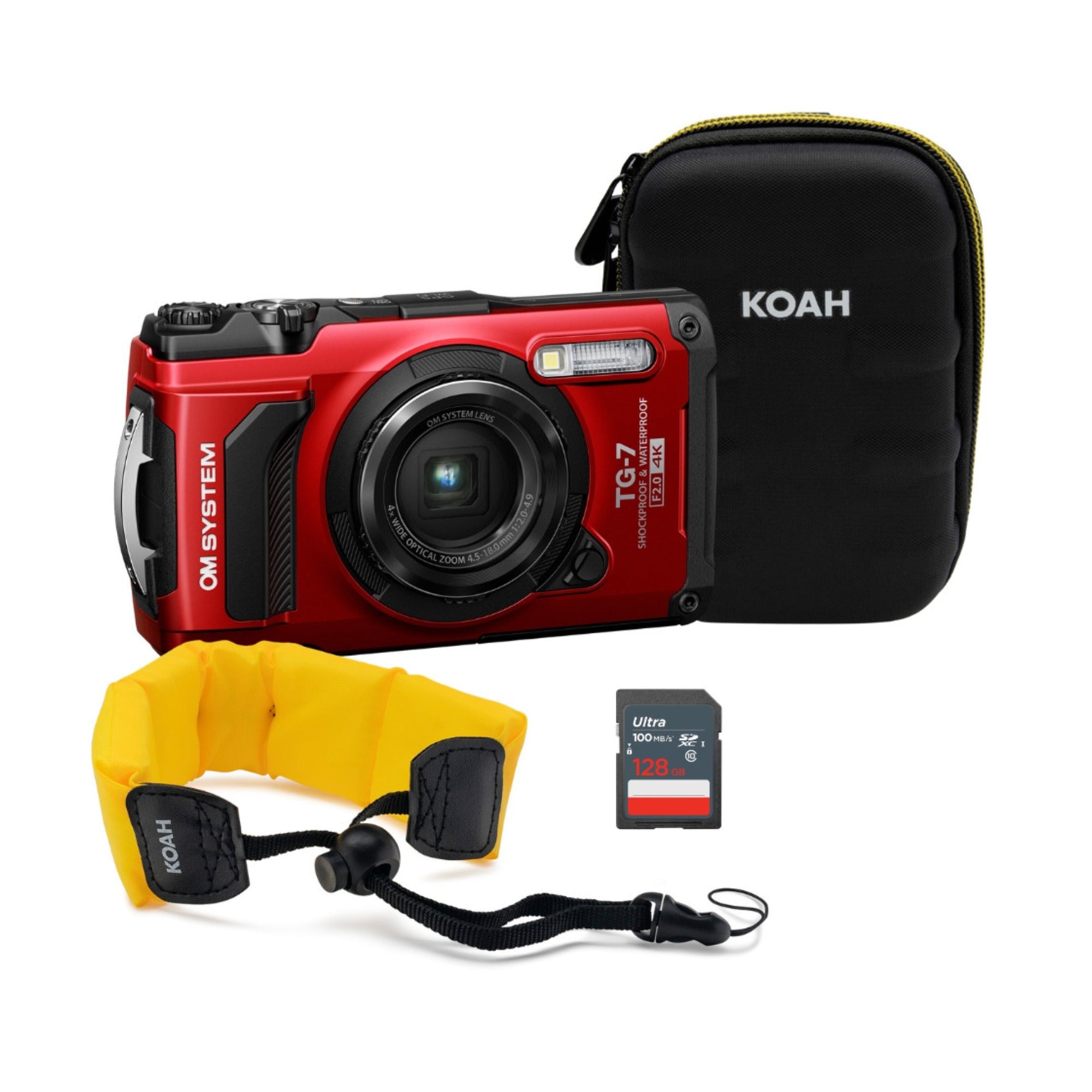 OM SYSTEM Tough TG-7 Digital Camera (Red) Bundle with 128GB Memory Card, Strap and Case