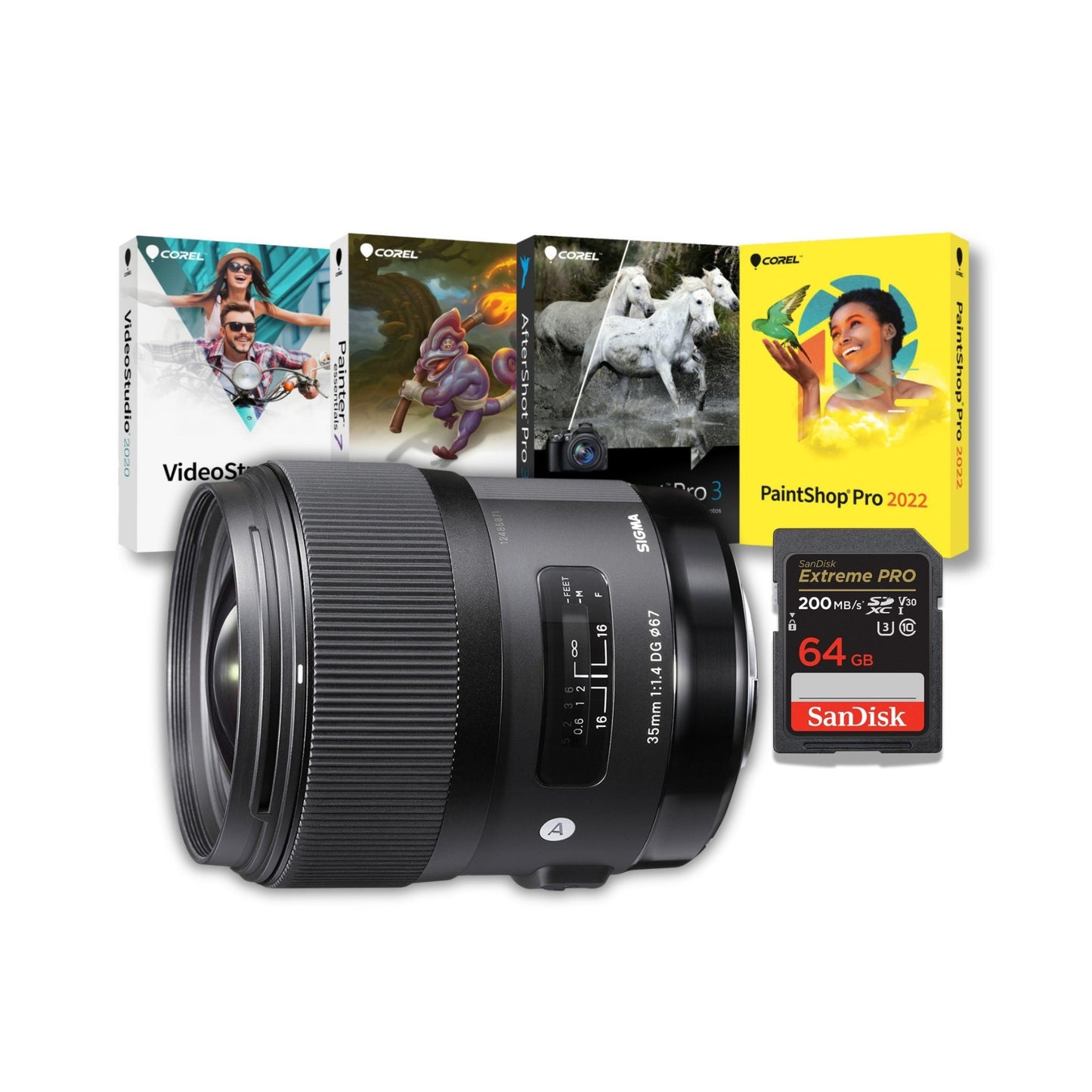 Sigma 35mm f14 DG HSM ART Lens for Nikon F + Corel Software + SanDisk 64GB Memory Card Kit