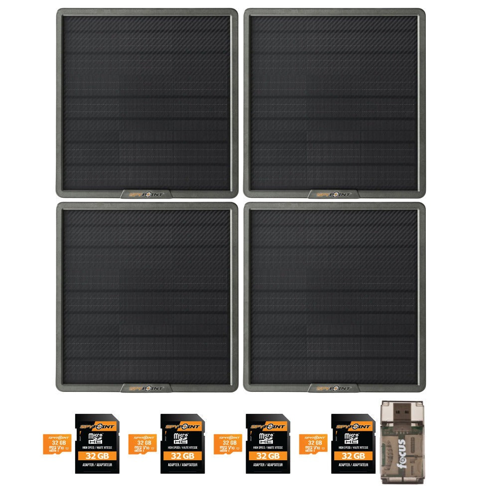 Spypoint 10-Watt Solar Panel for Trail Camera (4-Pack) Bundle with 32GB Memory Card and Reader