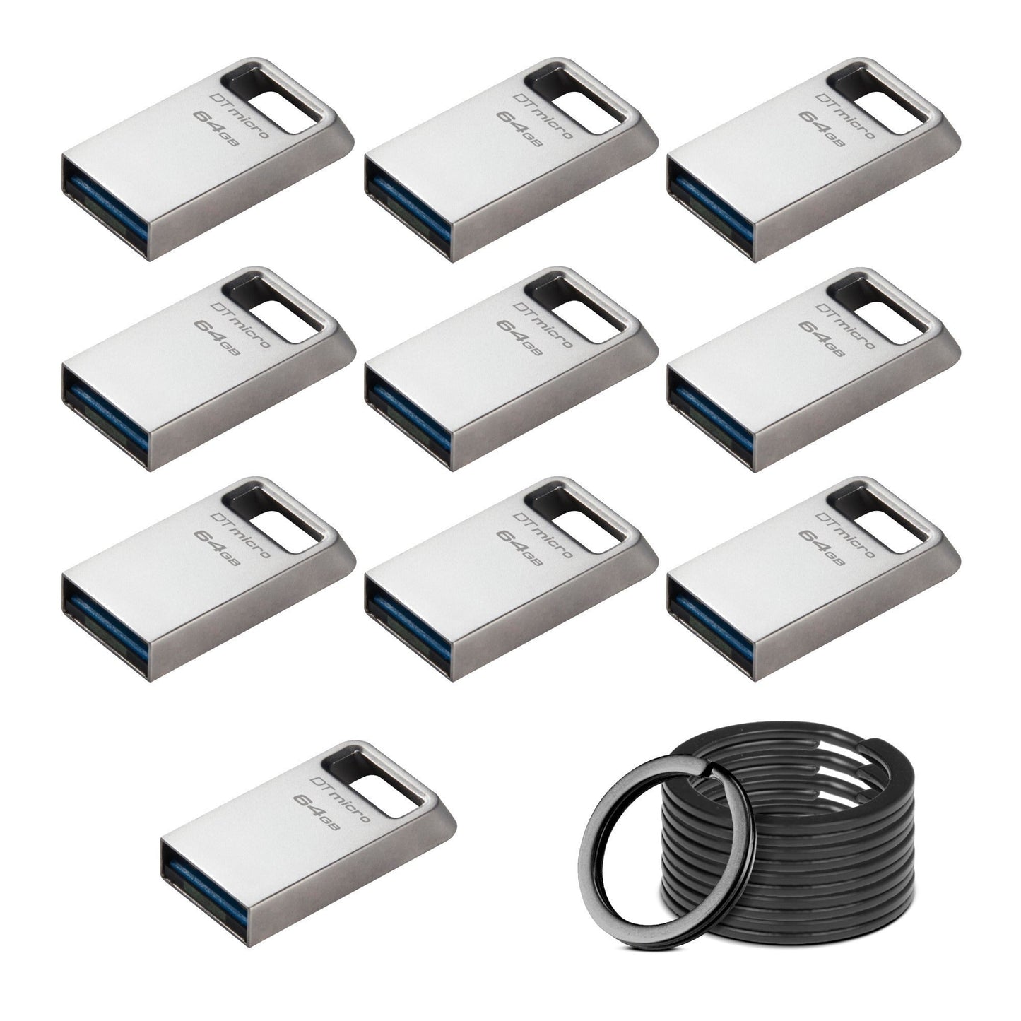 Kingston 64GB DataTraveler Micro USB Metal Flash Drive (10-Pack) and Keyrings (10-Pack) Bundle