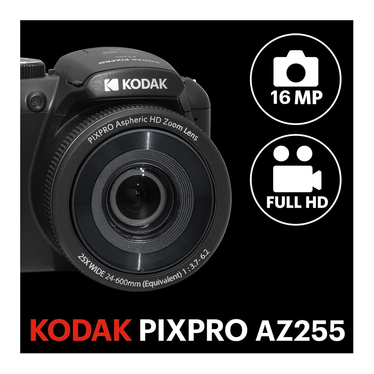 Kodak PIXPRO AZ255 Astro Zoom 16MP Digital Camera (Black) with 128GB SDXC Card