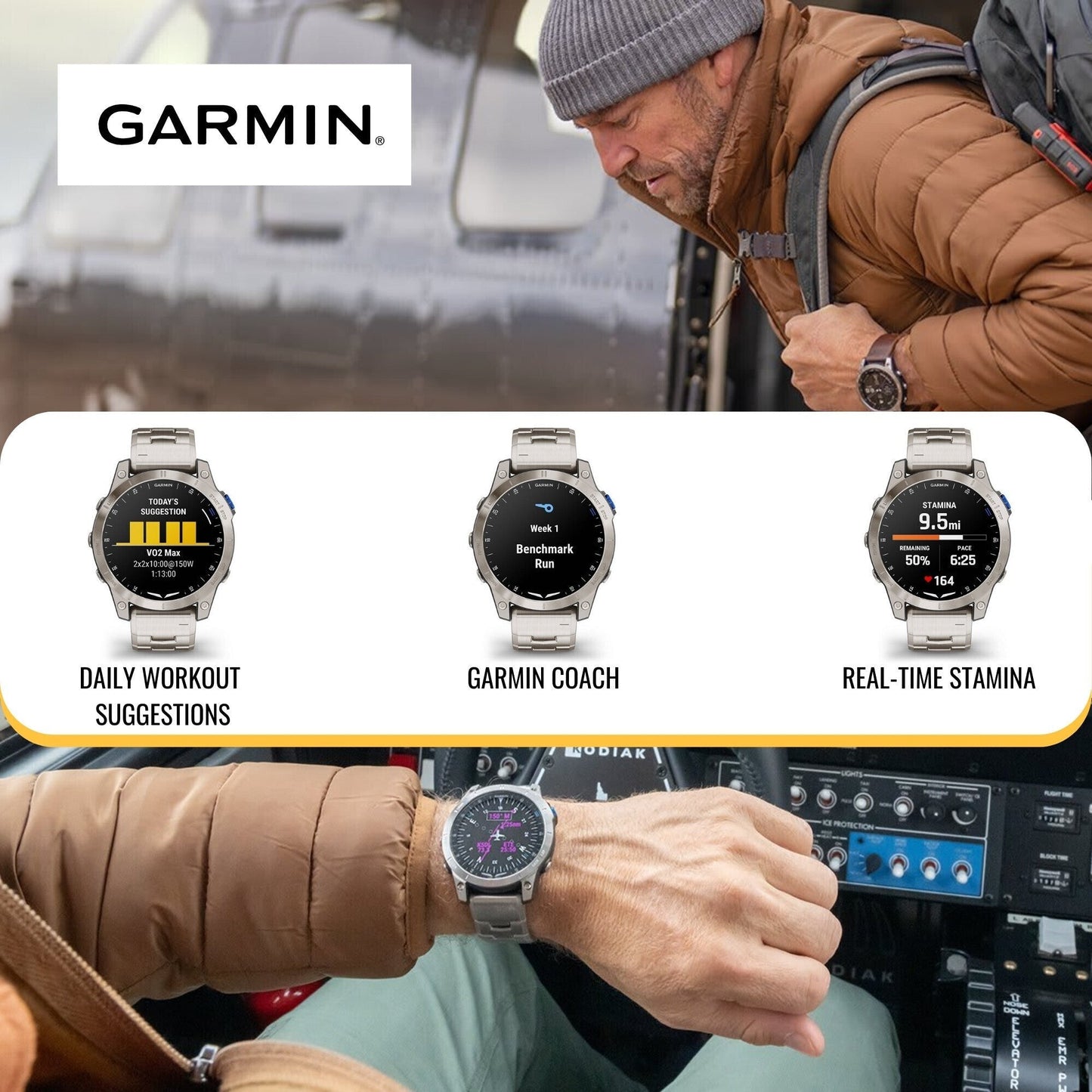 Garmin D2 Mach 1 Smartwatch with Vented Titanium Bracelet with Charger Stand and USB Cable Bundle