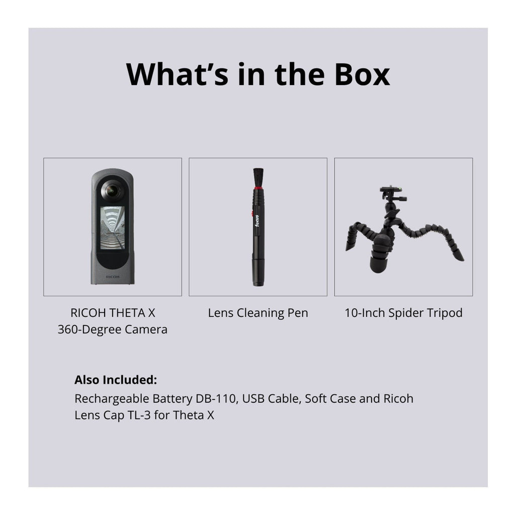 Ricoh THETA X 360-Degree Camera with TD-2 Telescopic Stand and Lens Cap Bundle