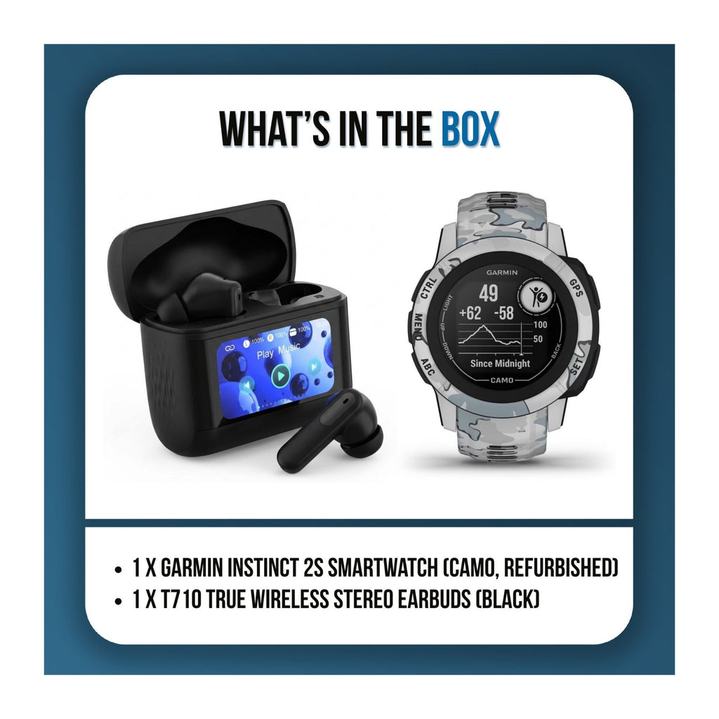 Garmin Instinct 2S Multi-GNSS GPS Smartwatch (Camo Edition, Refurbished) Bundle with T710 Earbuds