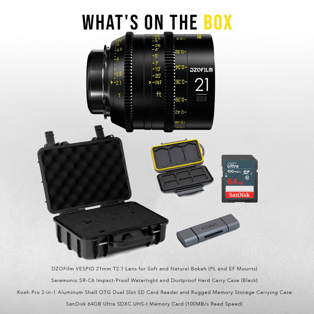 DZOFilm Vespid 21mm T2.1 Lens for Soft and Natural Bokeh (PL and EF Mounts) with Carry Case Bundle