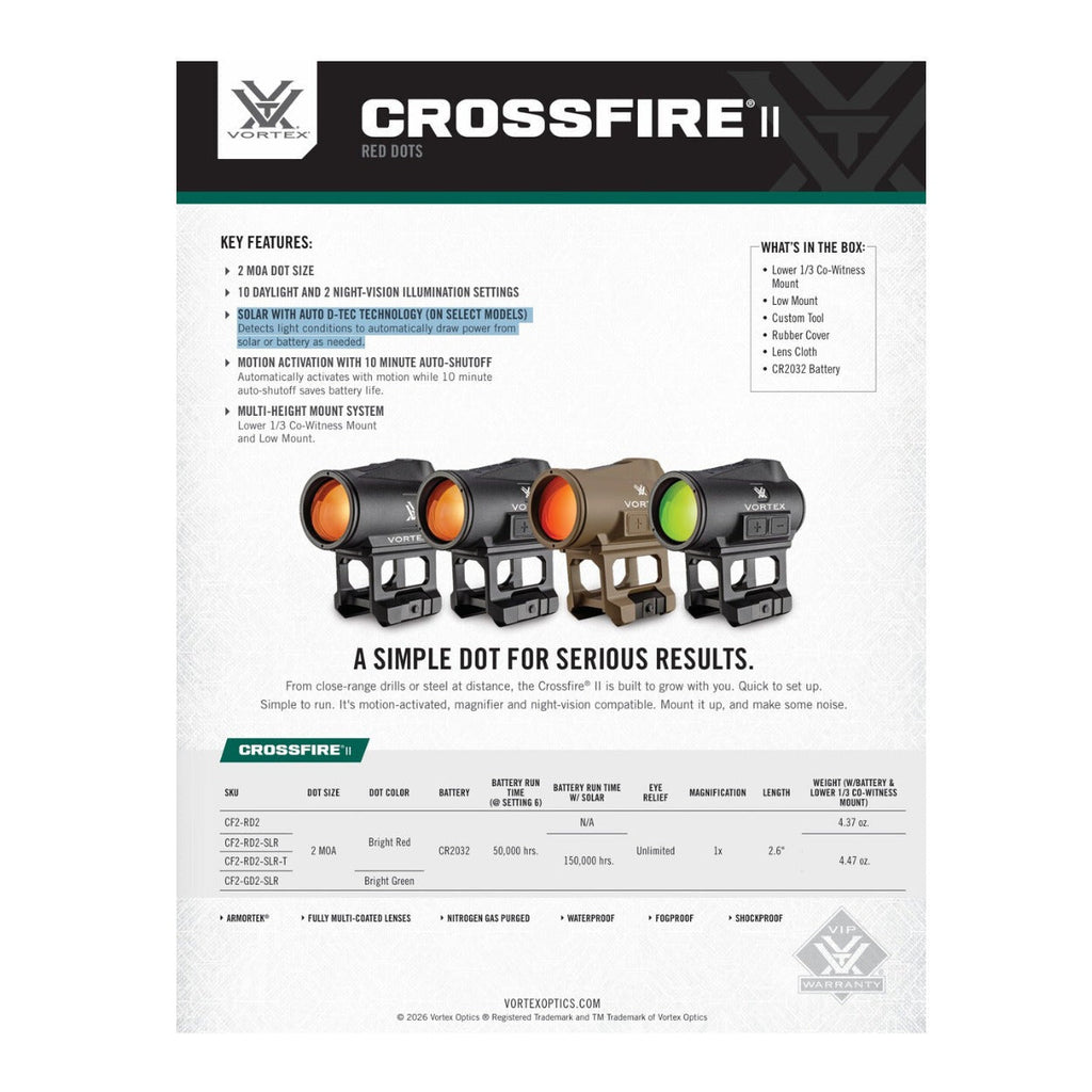 Vortex Crossfire II Solar 2 MOA Red Dot with Motion Activation