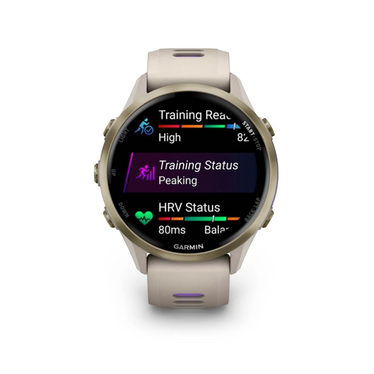 Garmin Forerunner 970 Soft Gold Titanium with French Gray Case and Indigo Band