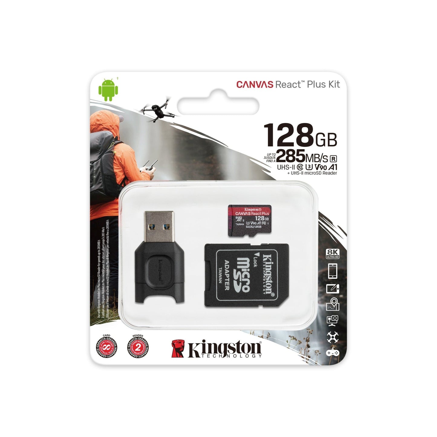 Kingston 128GB Canvas React Plus V90 UHS-II MicroSDXC Card with Reader (2-Pack) and Memory Case