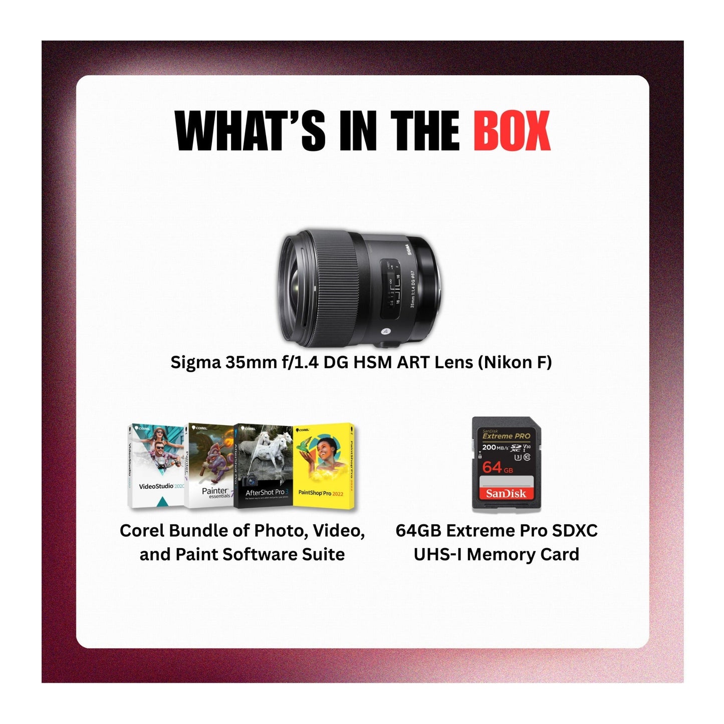 Sigma 35mm f14 DG HSM ART Lens for Nikon F + Corel Software + SanDisk 64GB Memory Card Kit