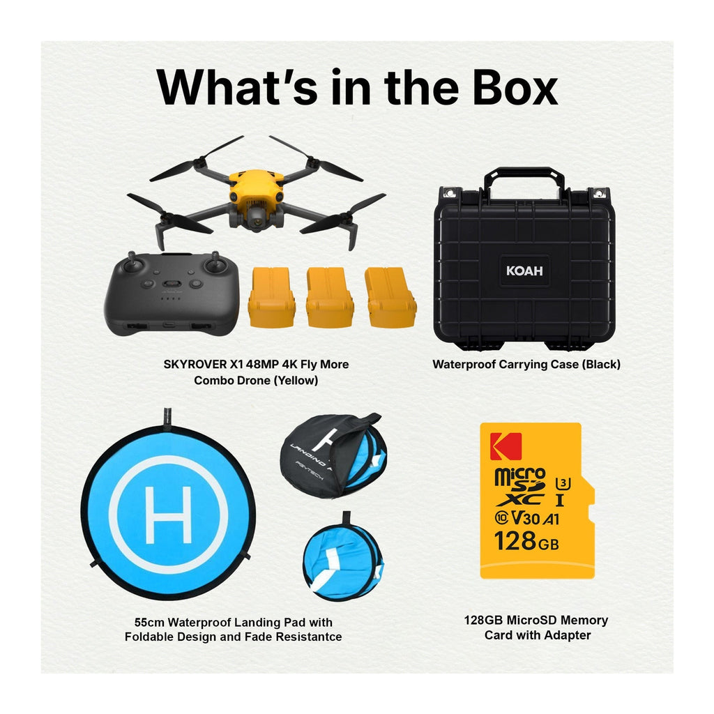 SKYROVER X1 48MP 4K Fly More Combo Drone (Yellow) Bundle with Hard Case and Accessories