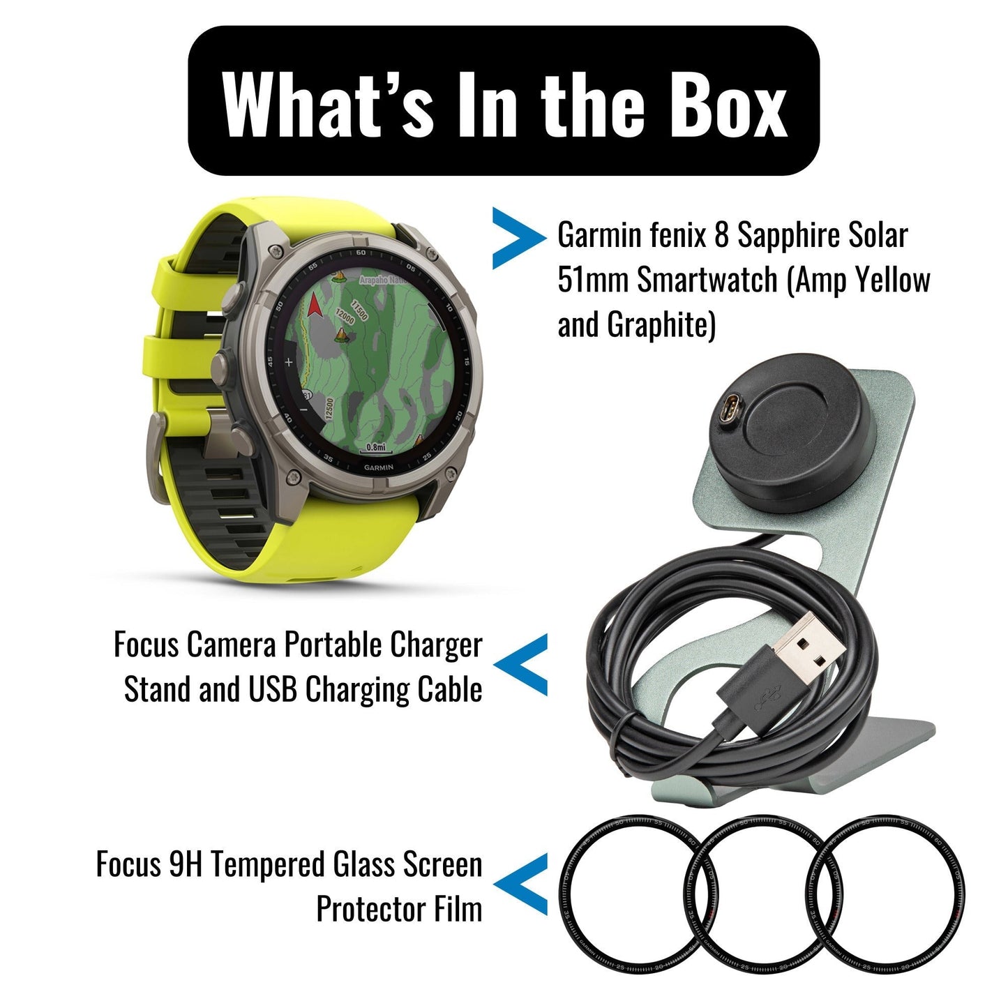 Garmin Fenix 8 Sapphire Solar 51mm Smartwatch (Amp Yellow and Graphite) with Charger Stand Bundle
