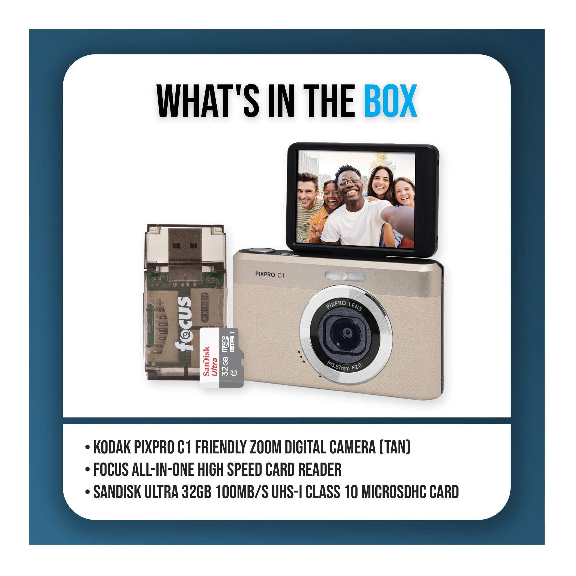 KODAK PIXPRO C1 13MP Digital Camera (Tan) with MicroSD Card and Card Reader