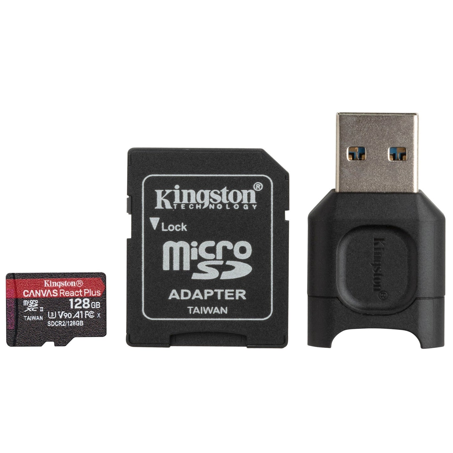 Kingston 128GB Canvas React Plus V90 UHS-II MicroSDXC Card with Reader (2-Pack) and Memory Case
