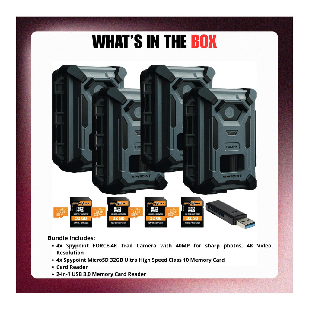 Spypoint Force 40MP 4K Trail Camera (4 Pack) Bundle with Accessories