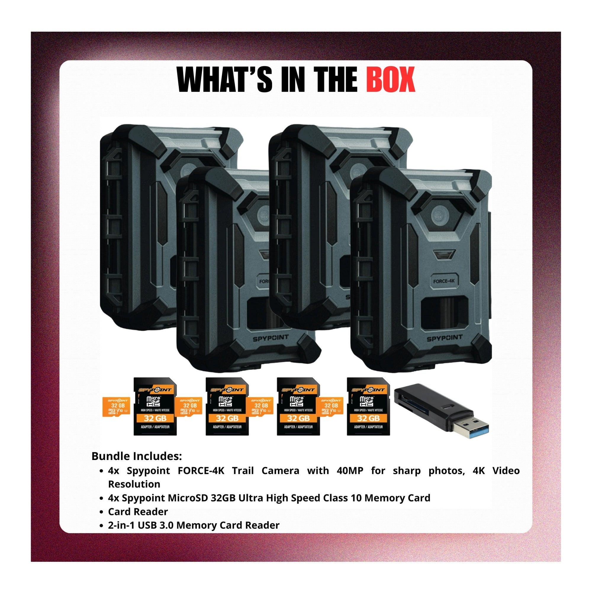 Spypoint Force 40MP 4K Trail Camera (4 Pack) Bundle with Accessories