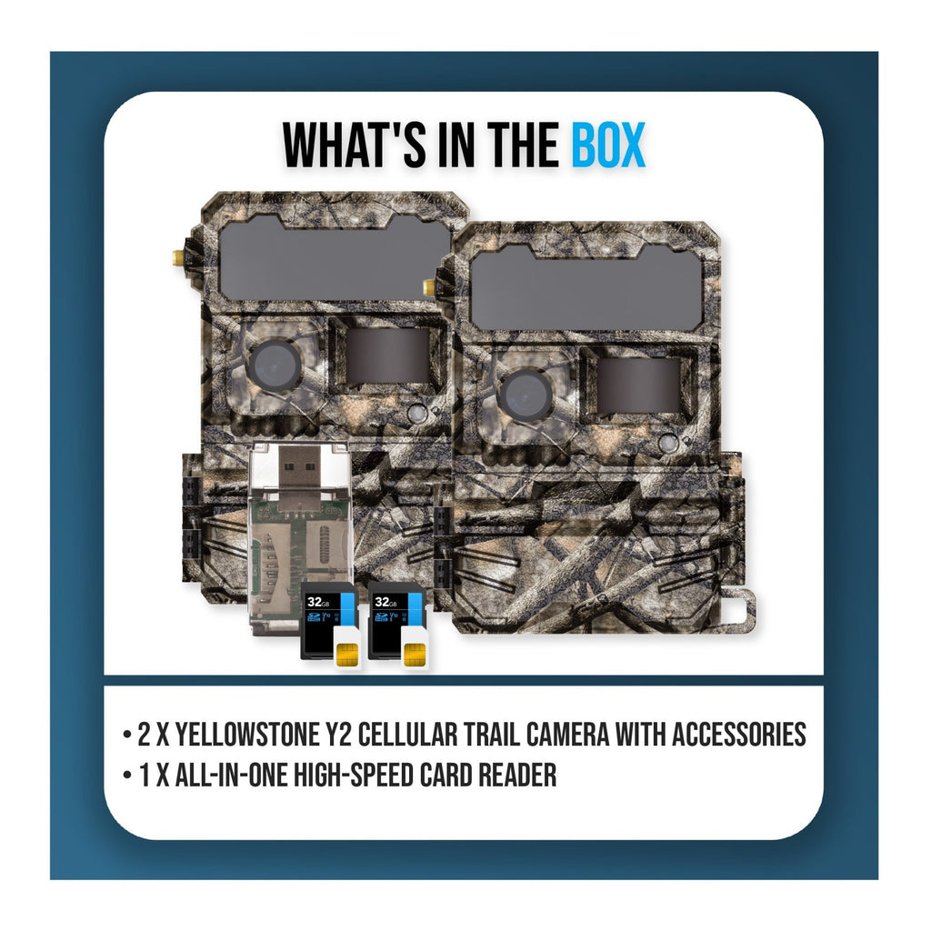 Yellowstone Y2 Cellular Trail Camera Bundle with High-Speed Card Reader, and Accessories (2-Pack)