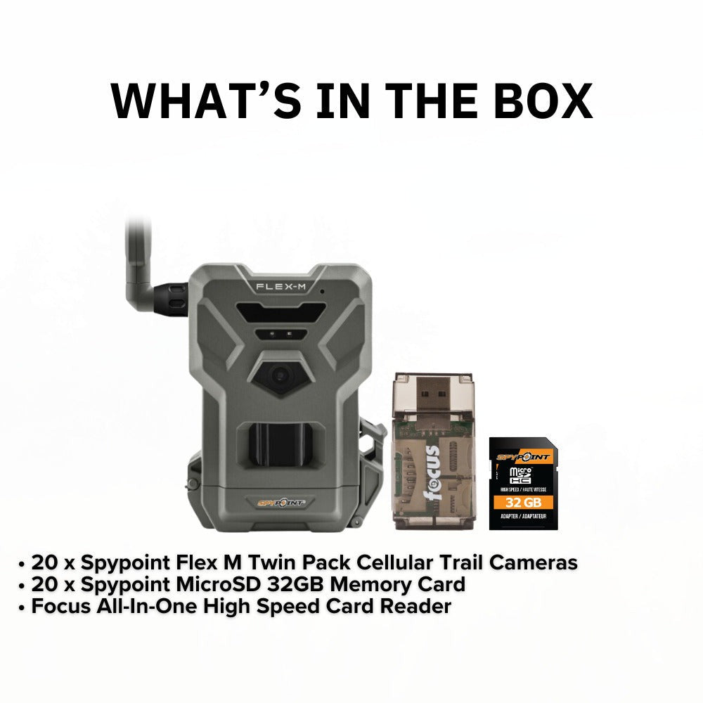 Spypoint Flex M Twin Pack 28MP Cellular Trail Cameras (10-Pack) with 20 x 32GB Memory Card Bundle