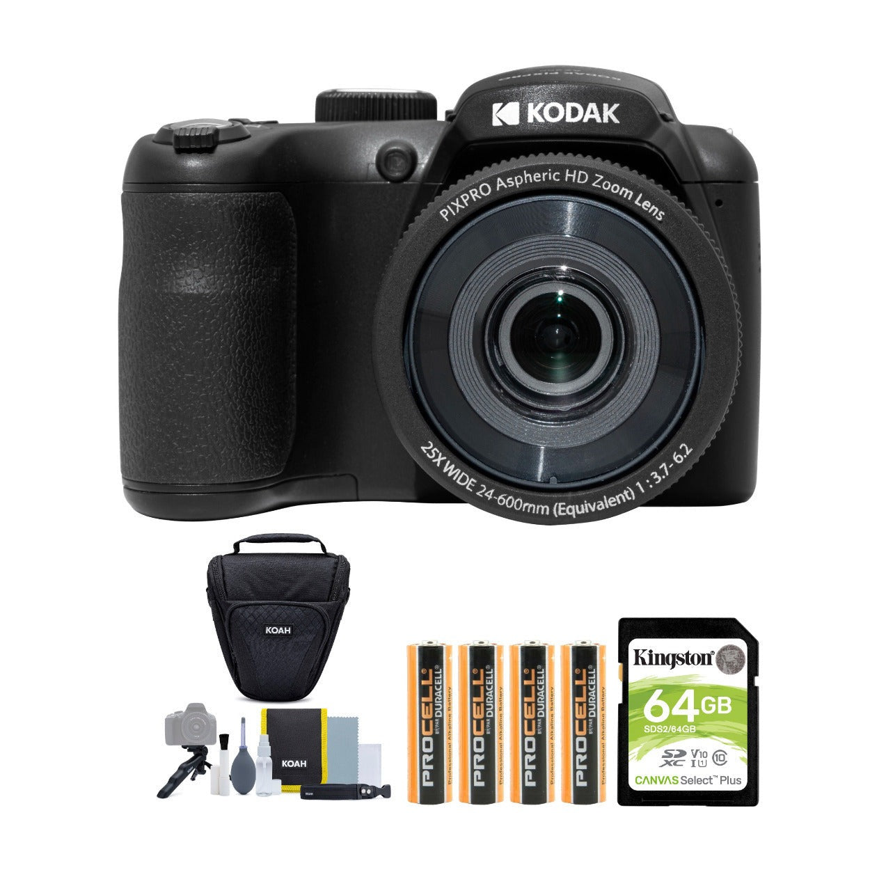 Kodak PIXPRO AZ255 Astro Zoom 16MP Digital Camera (Black) with 64GB Memory Card and Accessory Bundle