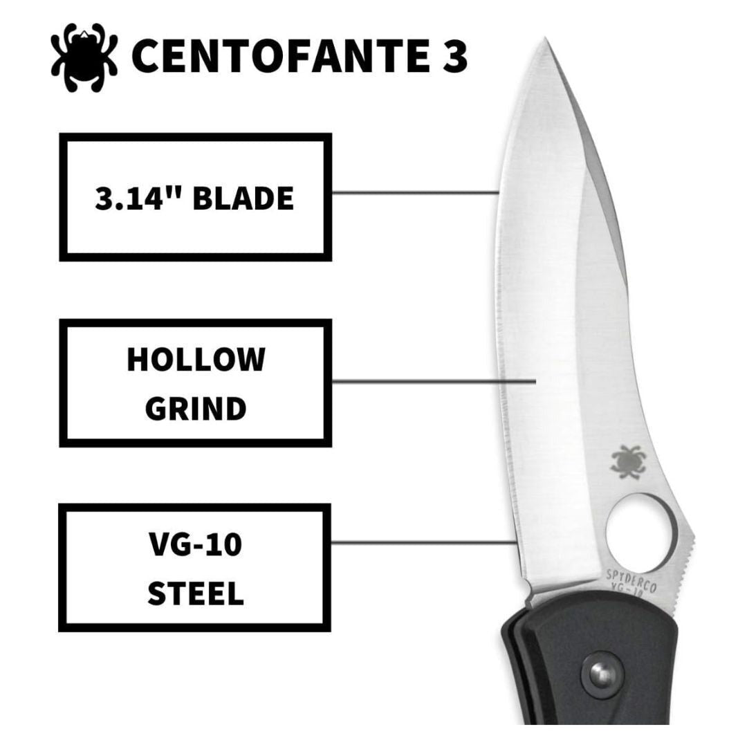 Spyderco Centofante 3 VG-10 Steel Hollow Ground Blade Knife with Thin-Profile FRN Handle (Black)