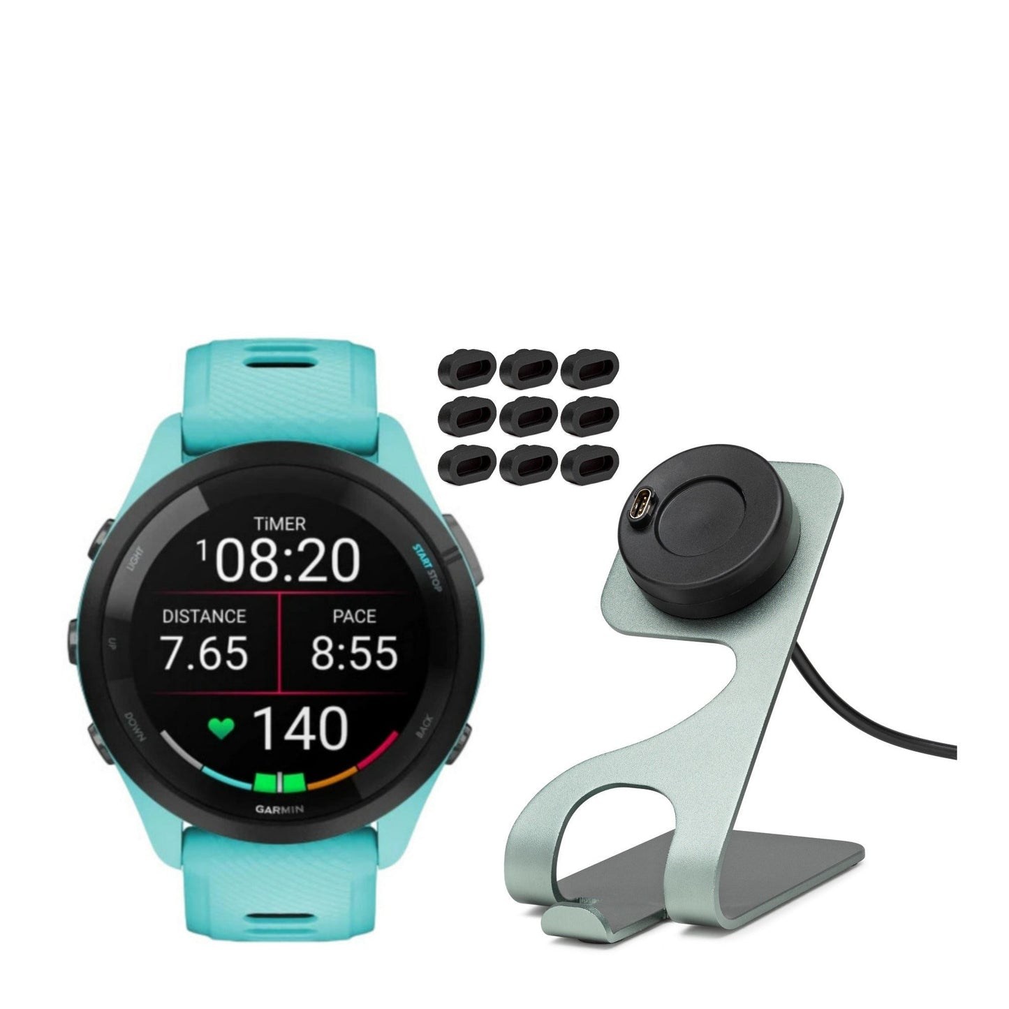 Garmin Forerunner 265 GPS Running Smartwatch (Aqua) with Charger Stand and Port Protection Plugs