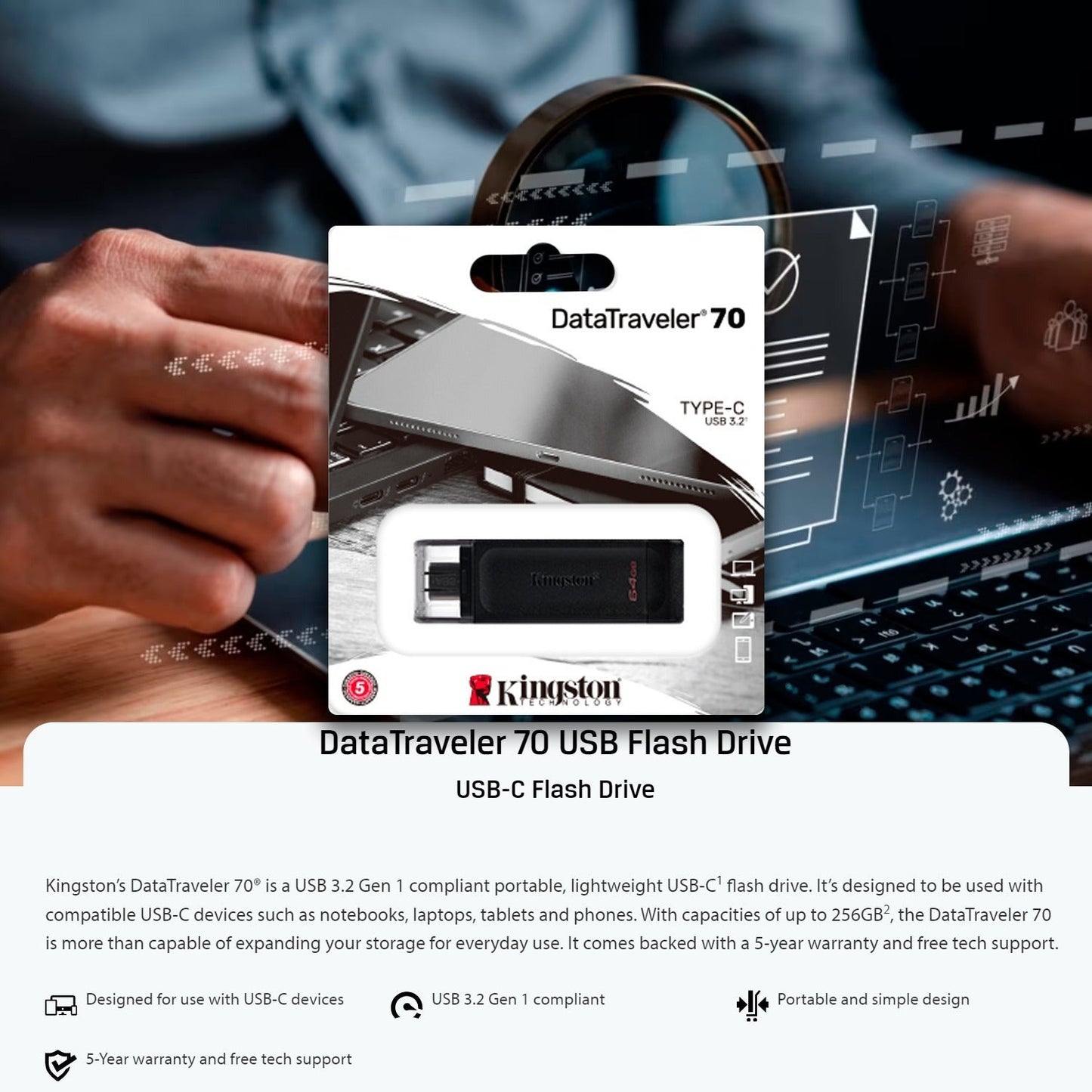 Kingston DataTraveler 70 USB 3.2 Flash Drive with Lightweight Design (64GB, Black, 20-Pack) Bundle