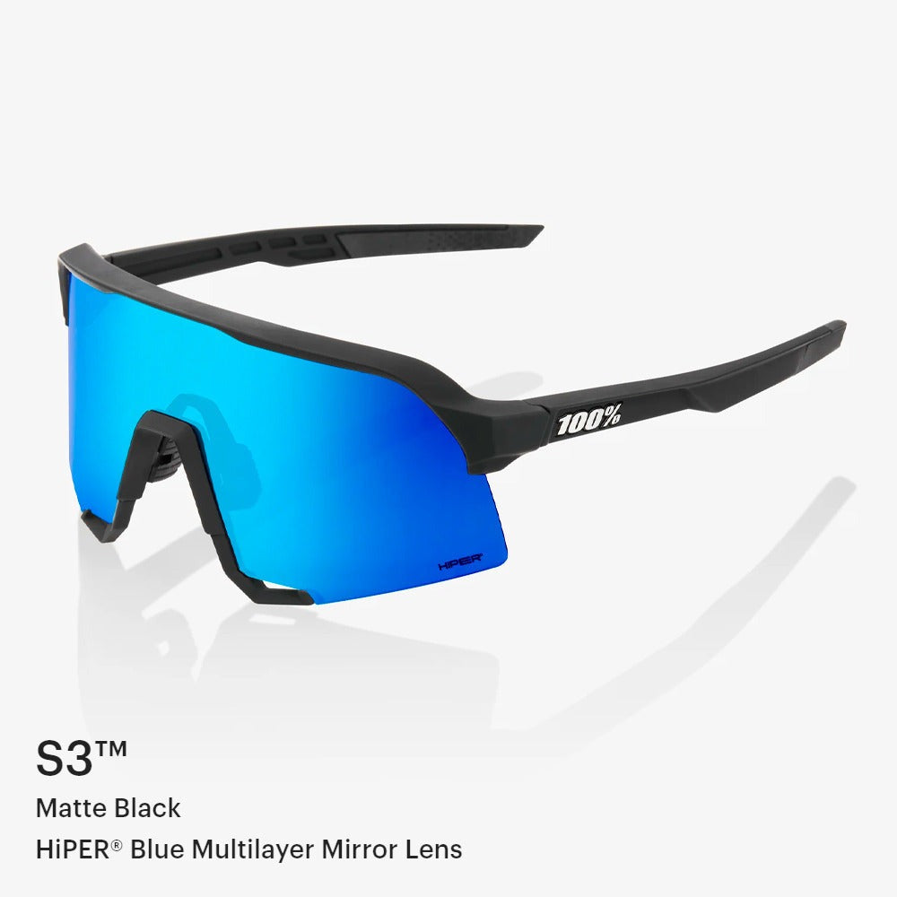 100% S3 Sunglasses Matte Black HiPER Blue Lens