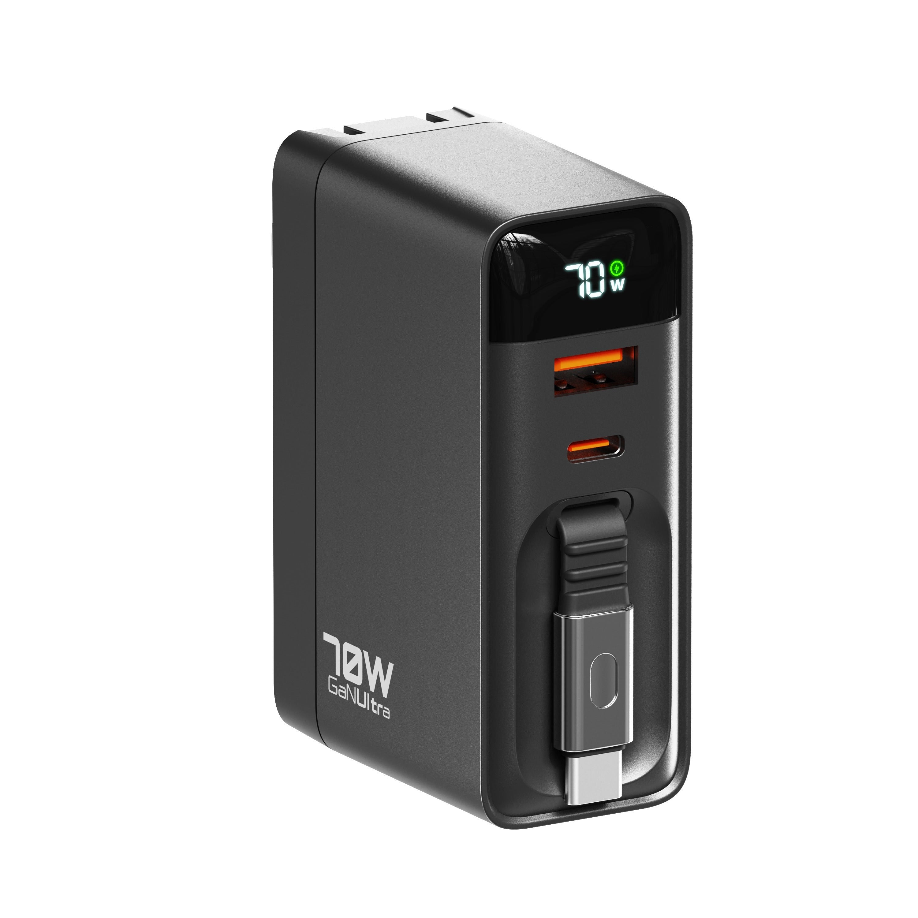 ReelCharge 70W Wall Charger with Retractable USB-C (Black)