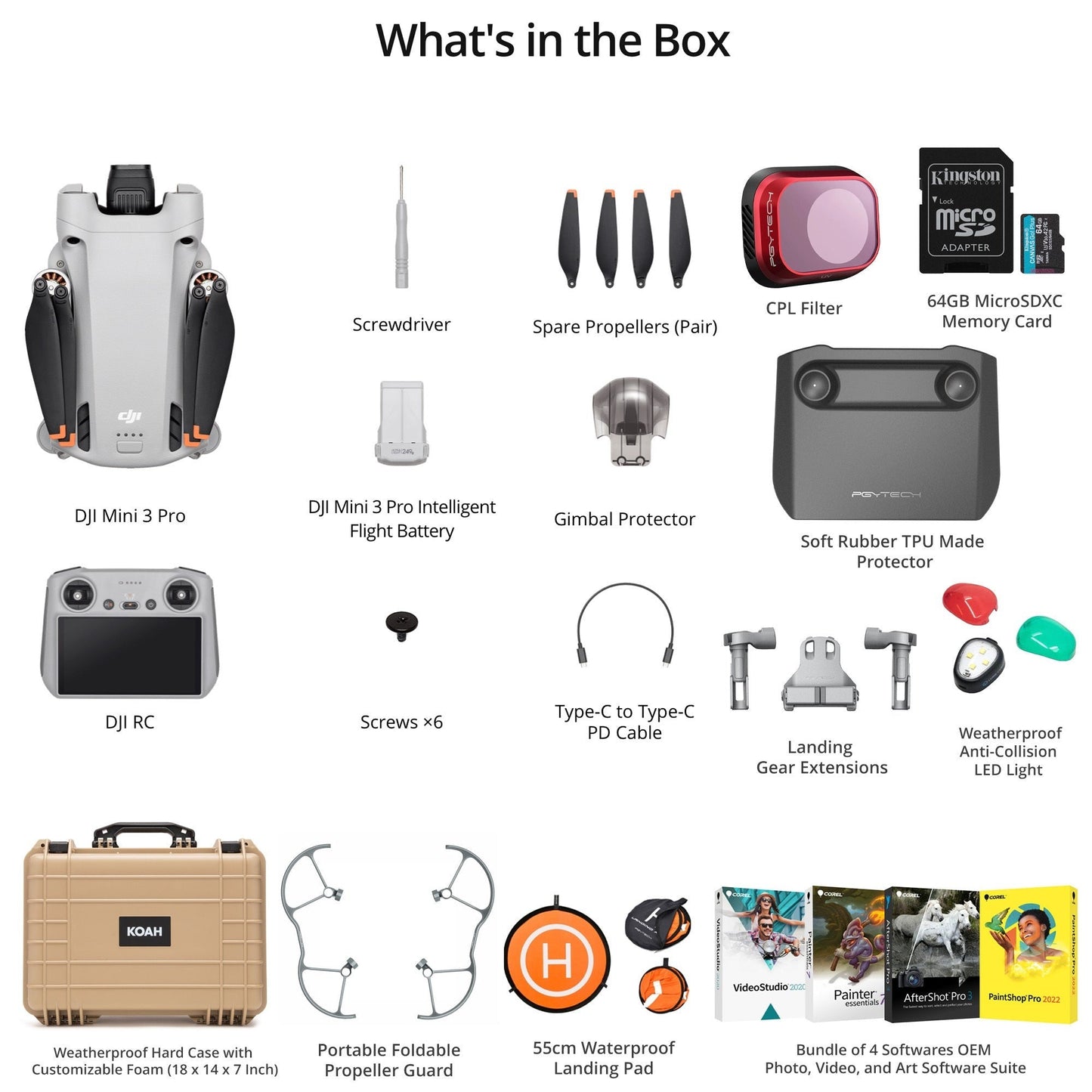 DJI Mini 3 Pro Drone Complete Kit with 64GB MicroSDXC Card, Weatherproof Case and Drone Accessories