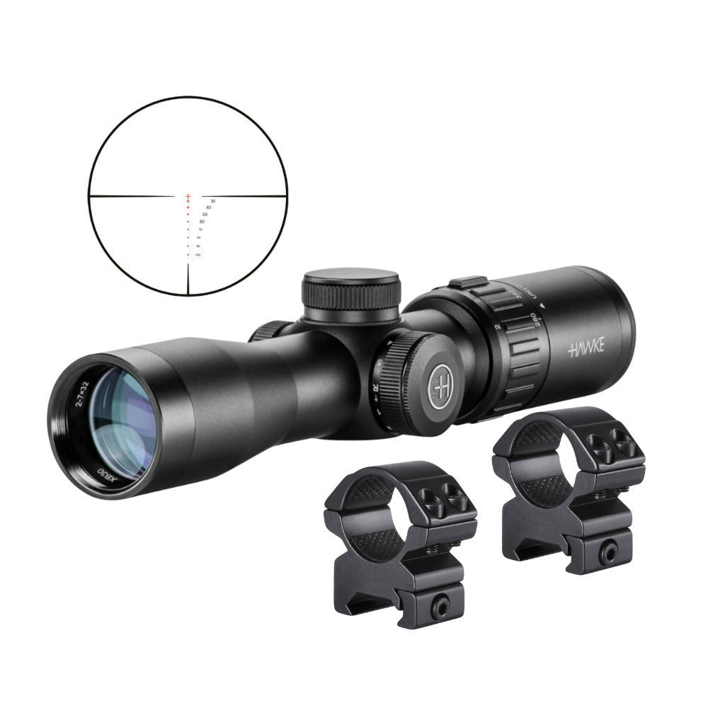 Hawke XB30 SR 2-7x32mm 1/2 MOA Crossbow Scope Bundle with 1-inch Mount Rings (M)