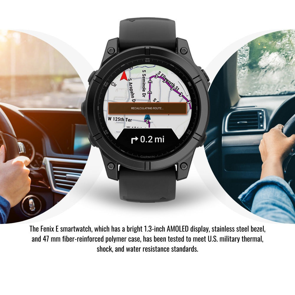 Garmin Fenix E 47mm AMOLED GPS Smartwatch (Slate Steel and Black) with Portable Charger Stand Bundle