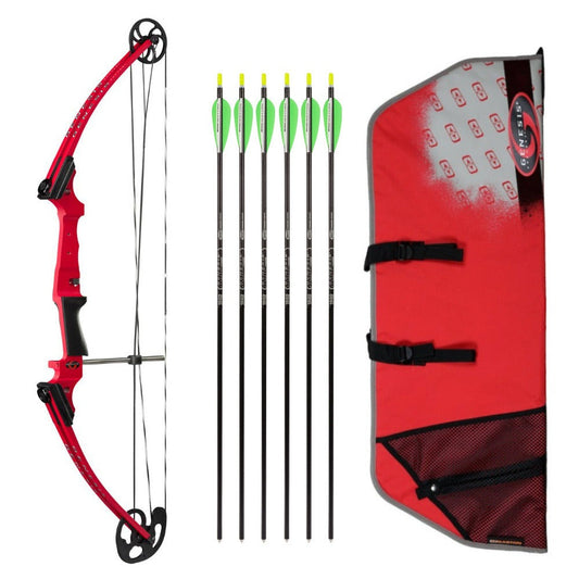 Genesis Archery Original Compound Bow (Left Hand, Red) with Arrows and Case