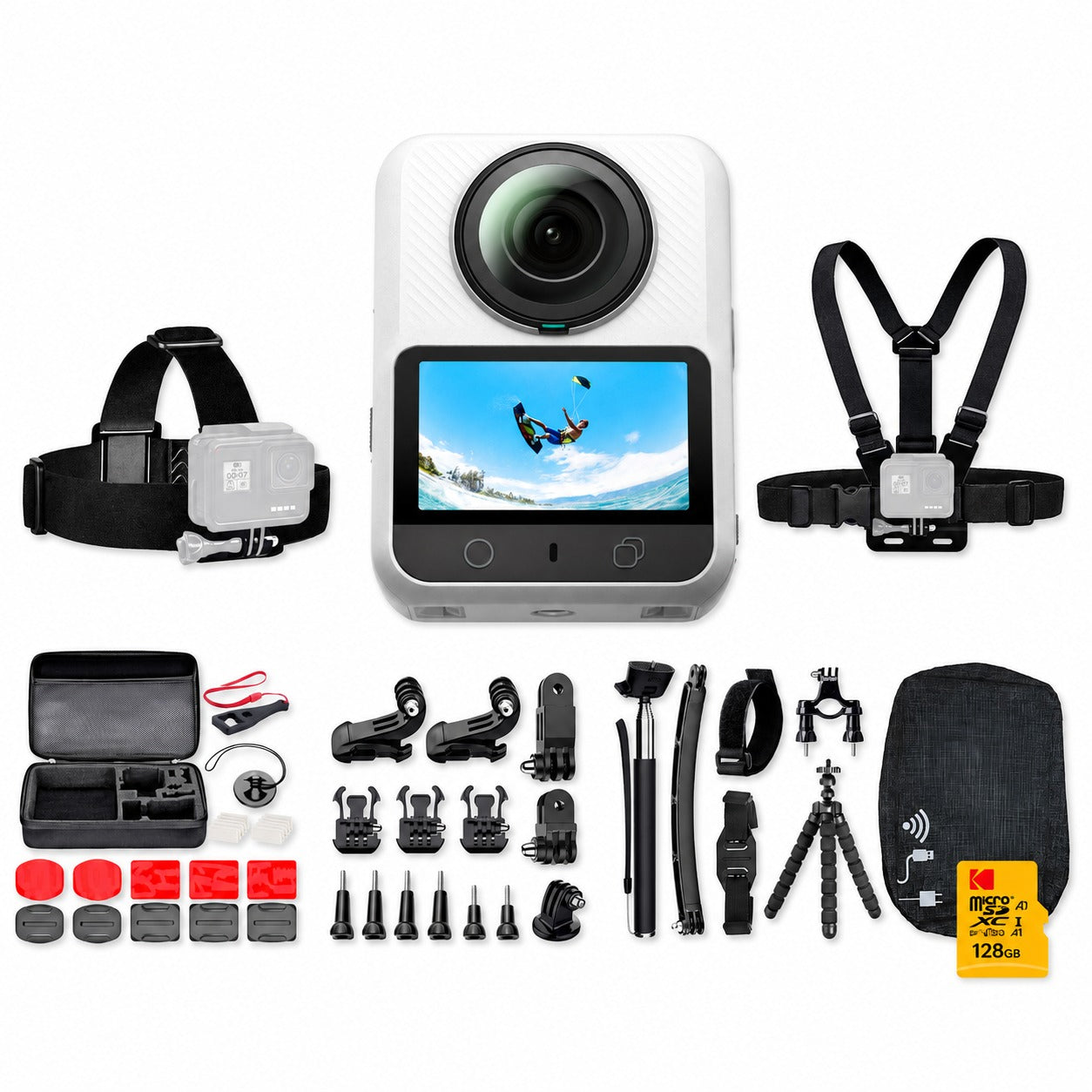 Xtra Sphra360 Action Camera Bundle with 128GB Flash Memory Card, Travel Case, and Accessories