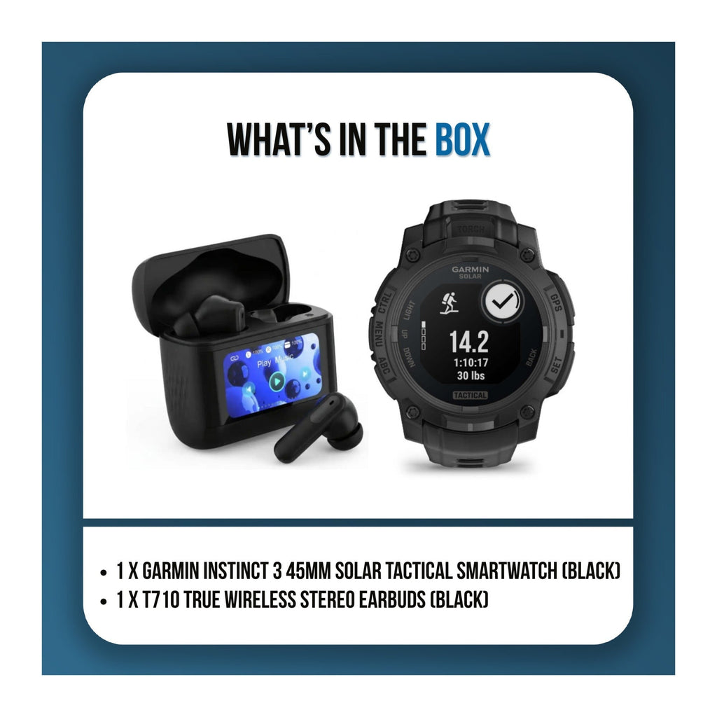 Garmin Instinct 3 45mm Black Solar Smartwatch Bundle with T710 Wireless Earbuds