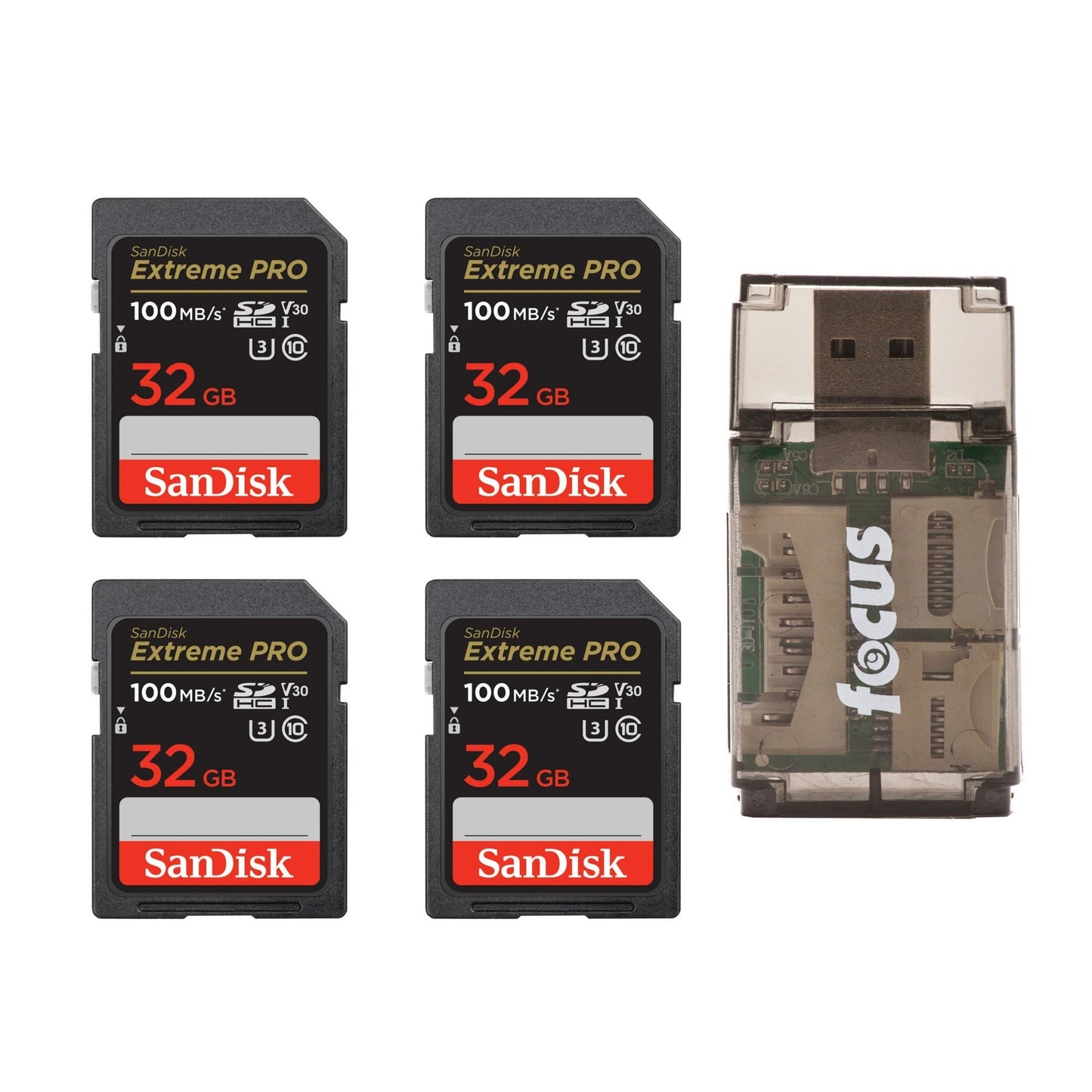 SanDisk 32GB Extreme Pro Memory Card (4-pack) Bundle with All-In-One Card Reader