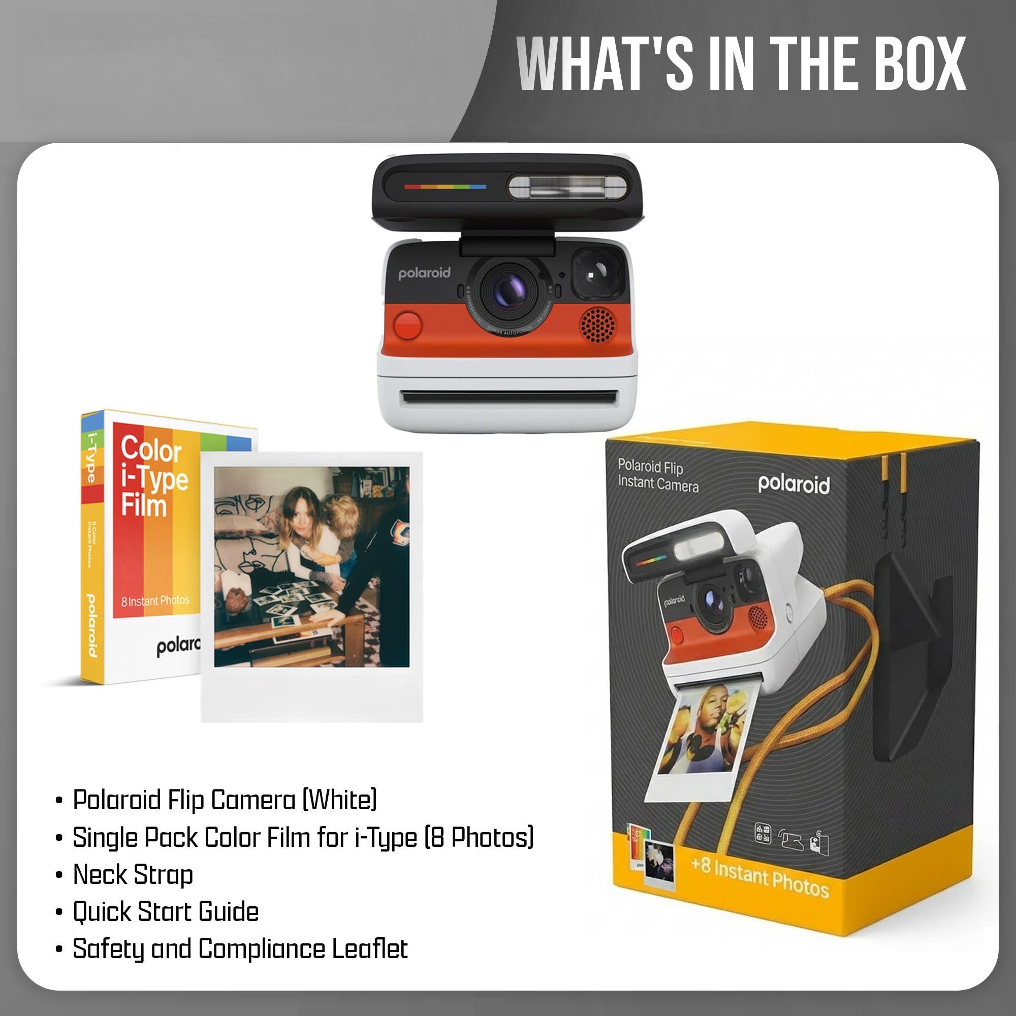 Polaroid Flip Instant Camera + Color Film Bundle (8 Photos) - White
