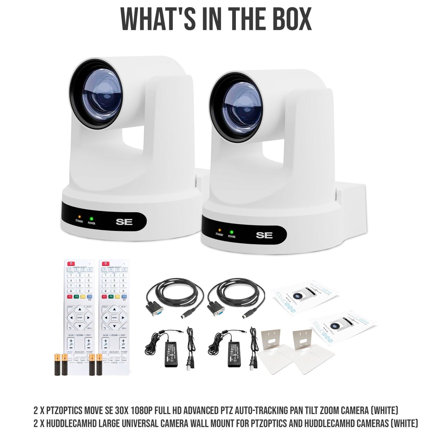 PTZOptics Move SE 30x 1080p PTZ Auto-Tracking Pan Tilt Zoom Camera (White, 2-Pack) Bundle