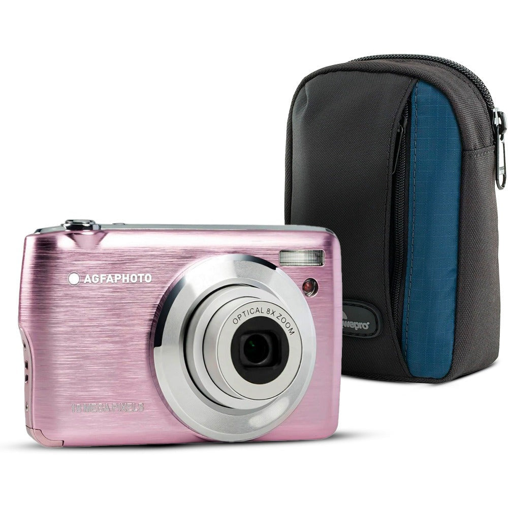 Agfa Photo DC8200 Compact Digital Camera (Pink) with Camera Case (Black and Galaxy Blue) Bundle