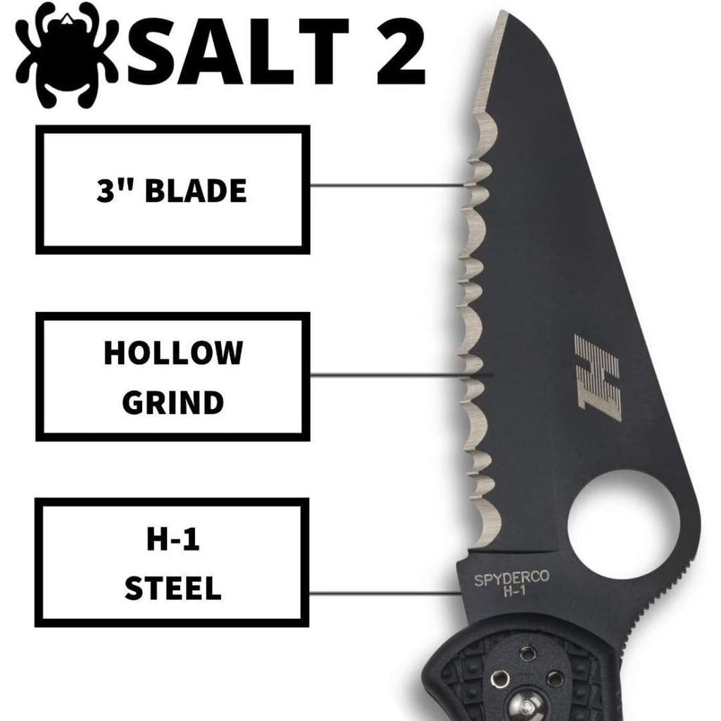 Spyderco Salt 2 Lightweight Knife with H-1 Corrosion Resistant Steel Blade and FRN Handle (Black)