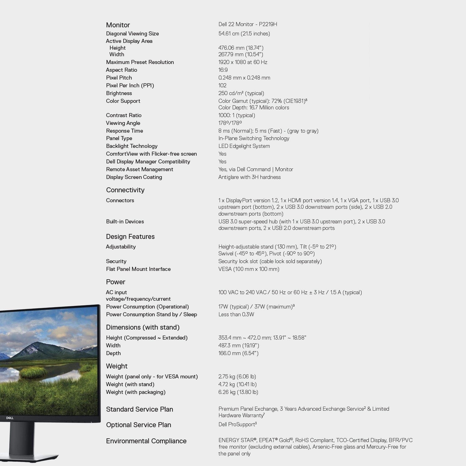 Dell P2219H 21.5" FHD IPS Monitor, Black/Silver, HDMI Cable Bundle (Refurbished)