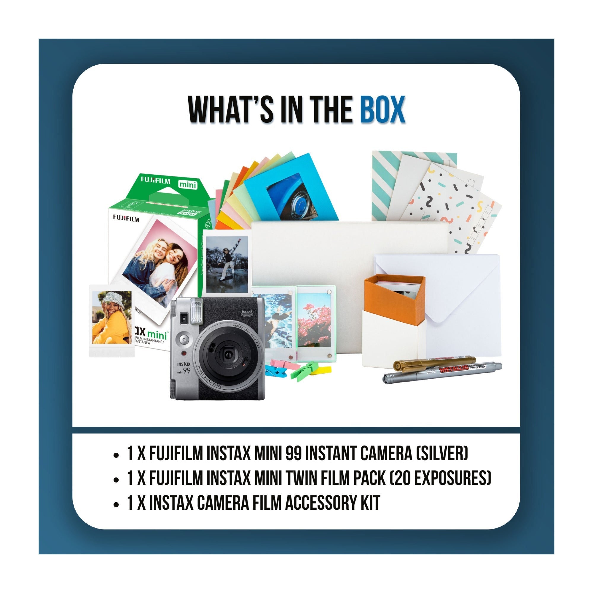 Fujifilm Instax Mini 99 Silver Analog Instant Camera Bundle with 20-Pack Film and Acccessories Kit
